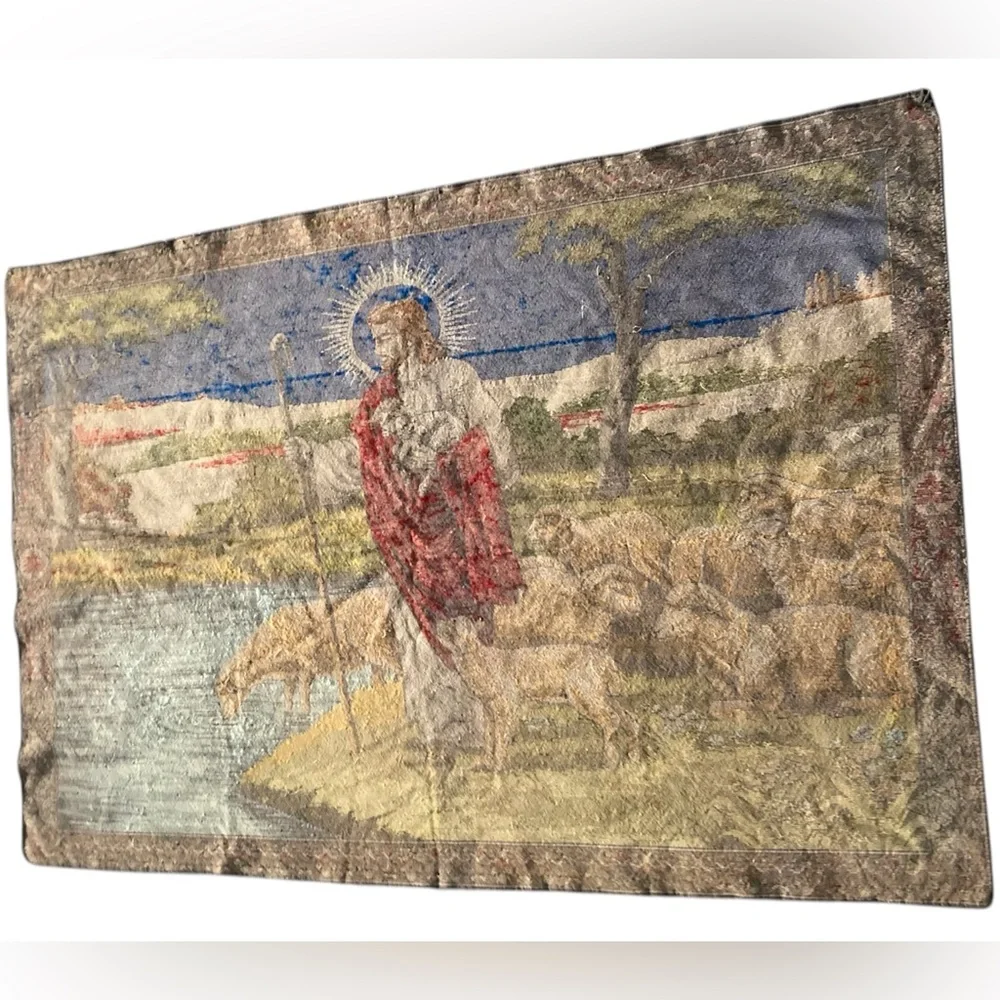 Jesus Christ leading Sheep to Water Tapestry Throw Rug Wall Hanging